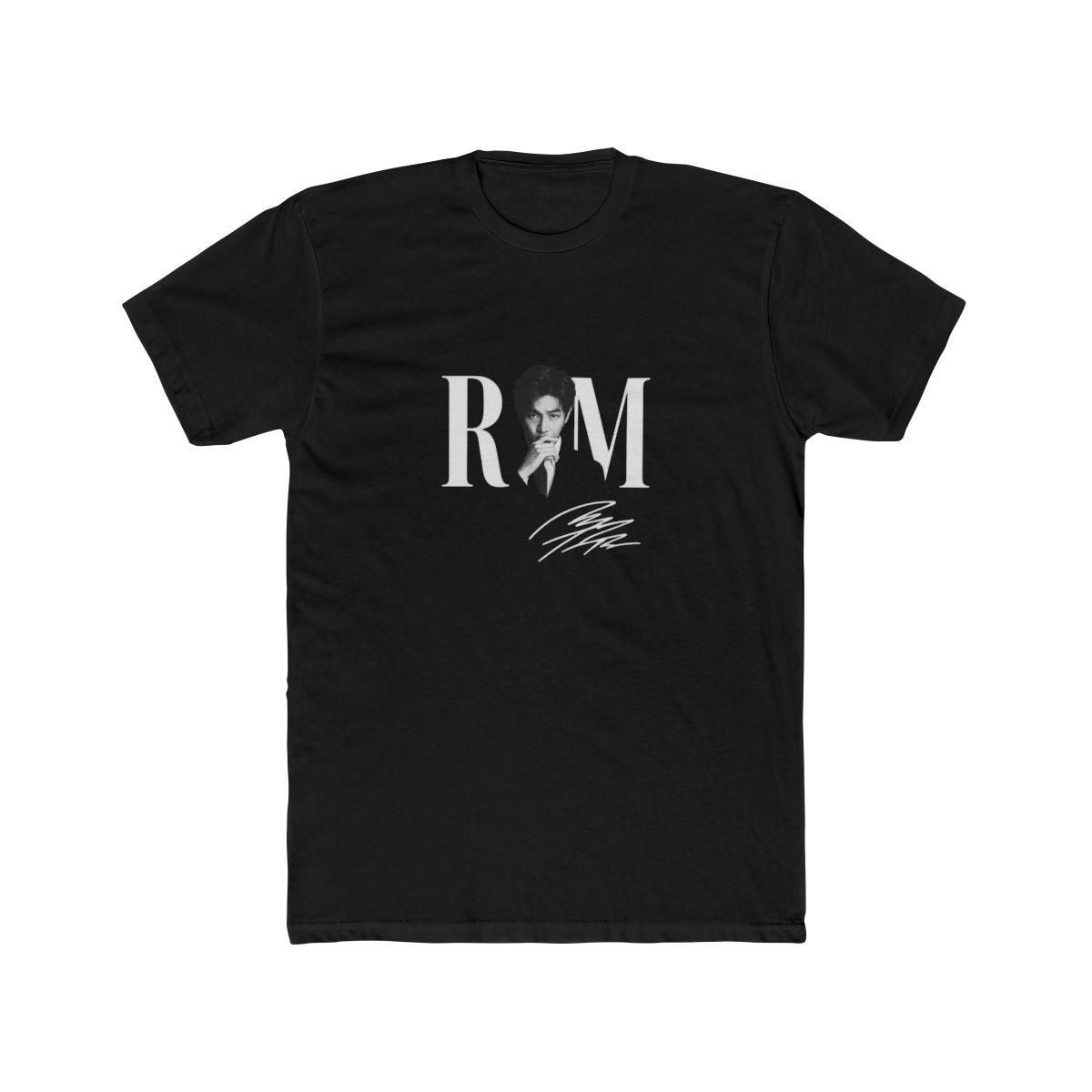 Dark grey t-shirt with a black and white image of a person and the white letters "RM". The shirt also has a white signature. The words "COMFORT COLORS" are in a pink box.