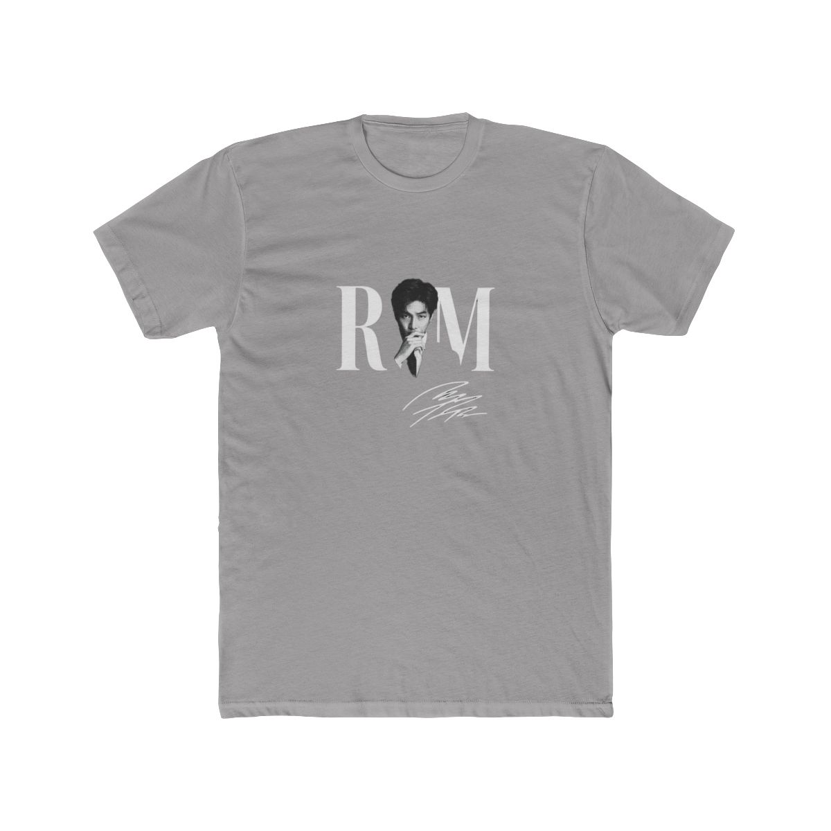 Dark grey t-shirt with a black and white image of a person and the letters "RM". The shirt also has a signature. The words "COMFORT COLORS" are in a pink box.