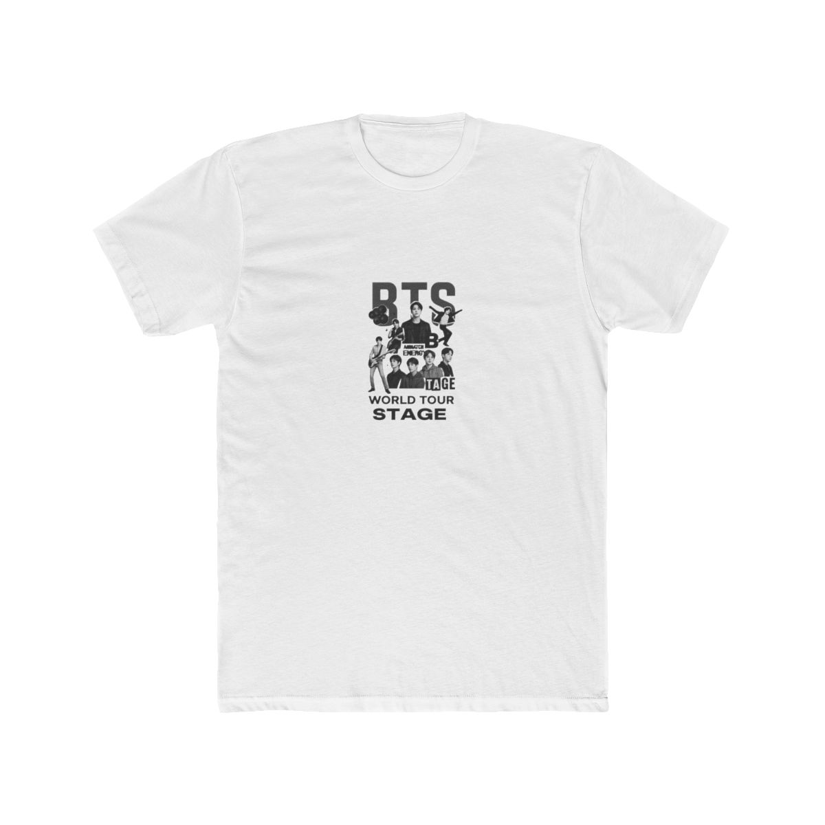 Dark grey t-shirt with the red text "BTS" and images of the band members. The shirt also features the words "World Tour" and "Stage" in red. The t-shirt is worn with blue jeans.