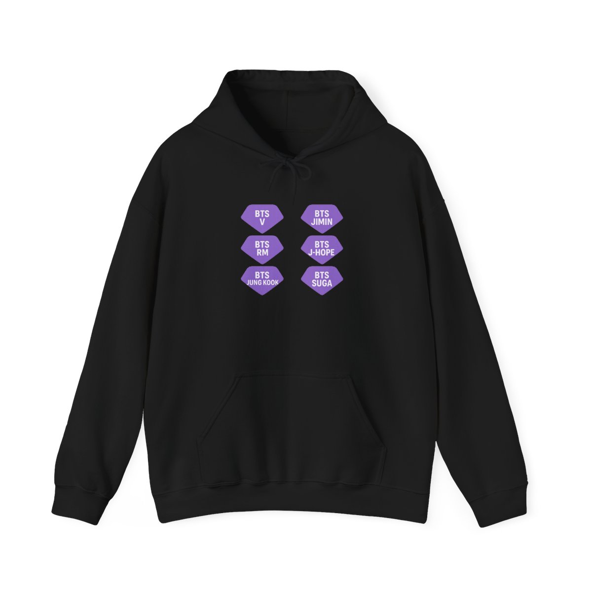 A selection of lavender-coloured miniature hoodies and a light stick. The hoodies are labelled with the names "BTS" and various member names in white. The light stick is encased in a matching hoodie...