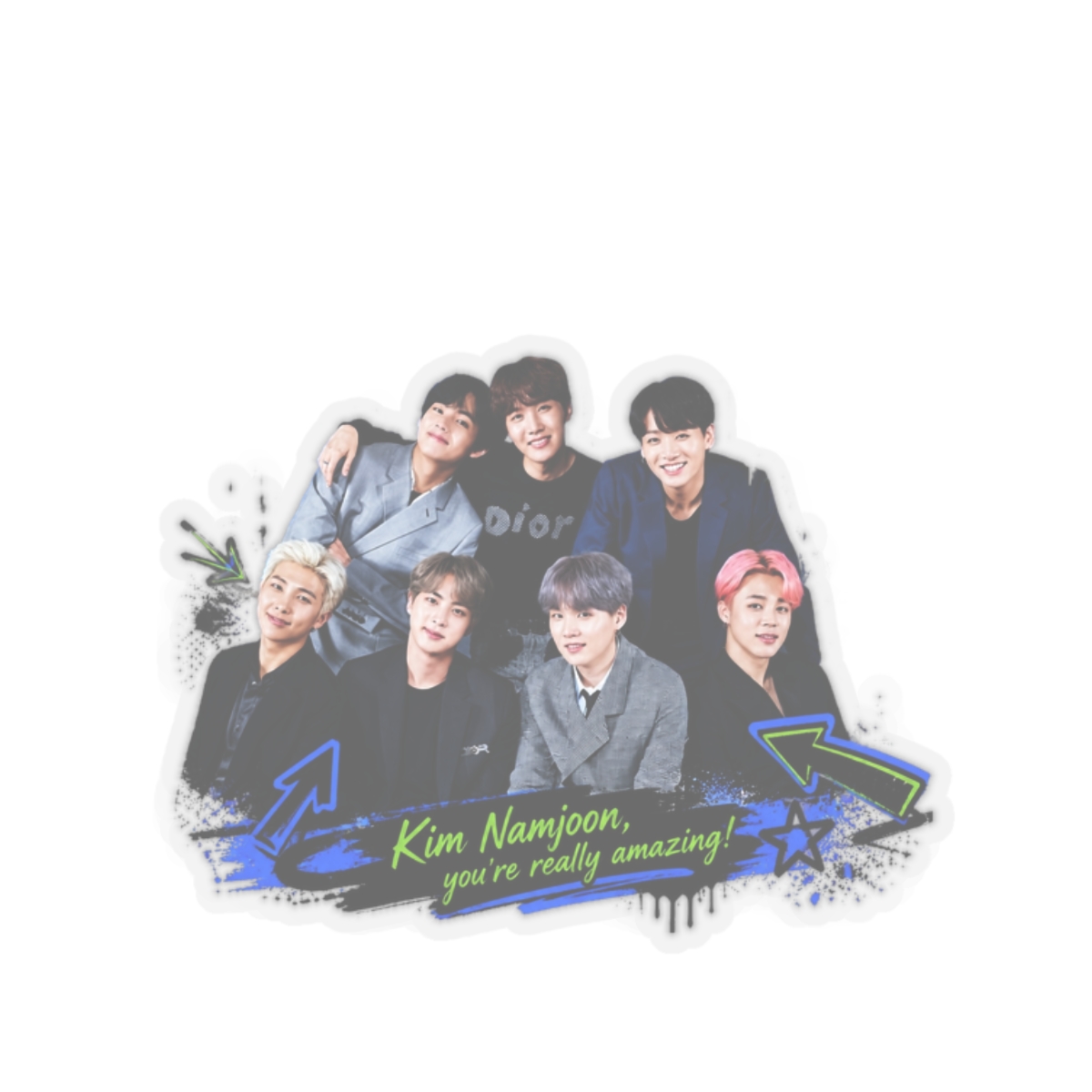 BTS " in bold block letters at the top. " Sticker