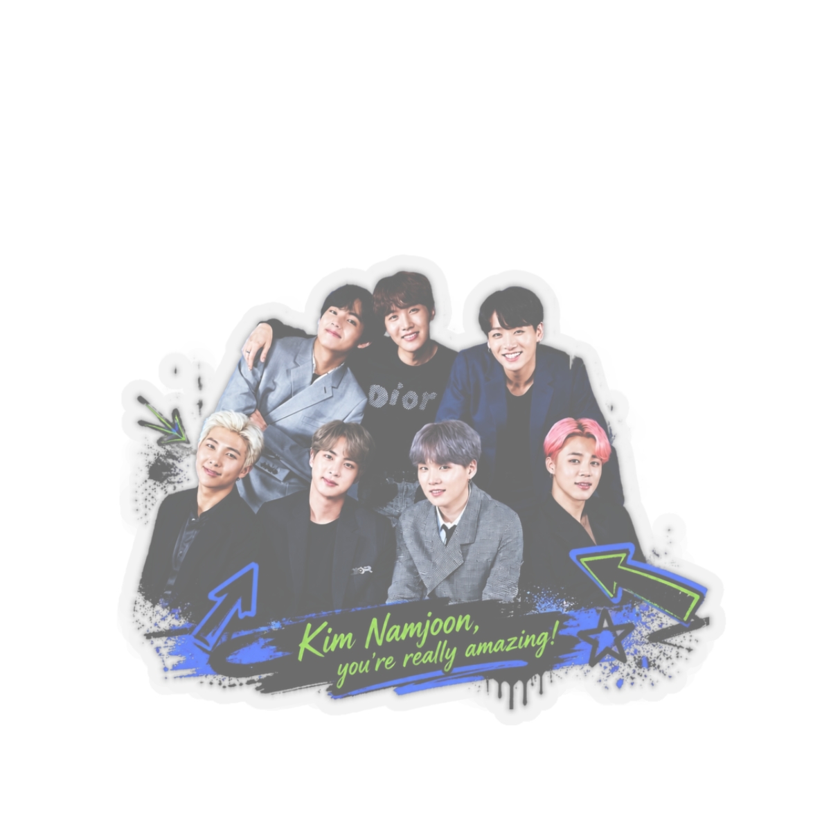 BTS " in bold block letters at the top. " Sticker