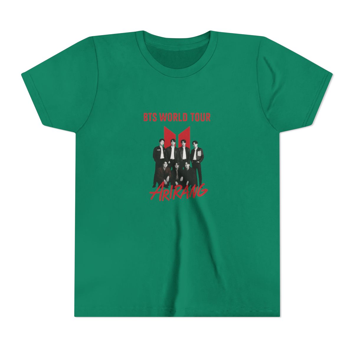 Black t-shirt with a group photo and the word "ARIRANG" in red. The shirt also has a red graphic and the text "BTS WORLD TOUR". Additional text includes tour dates and locations. (Kids)