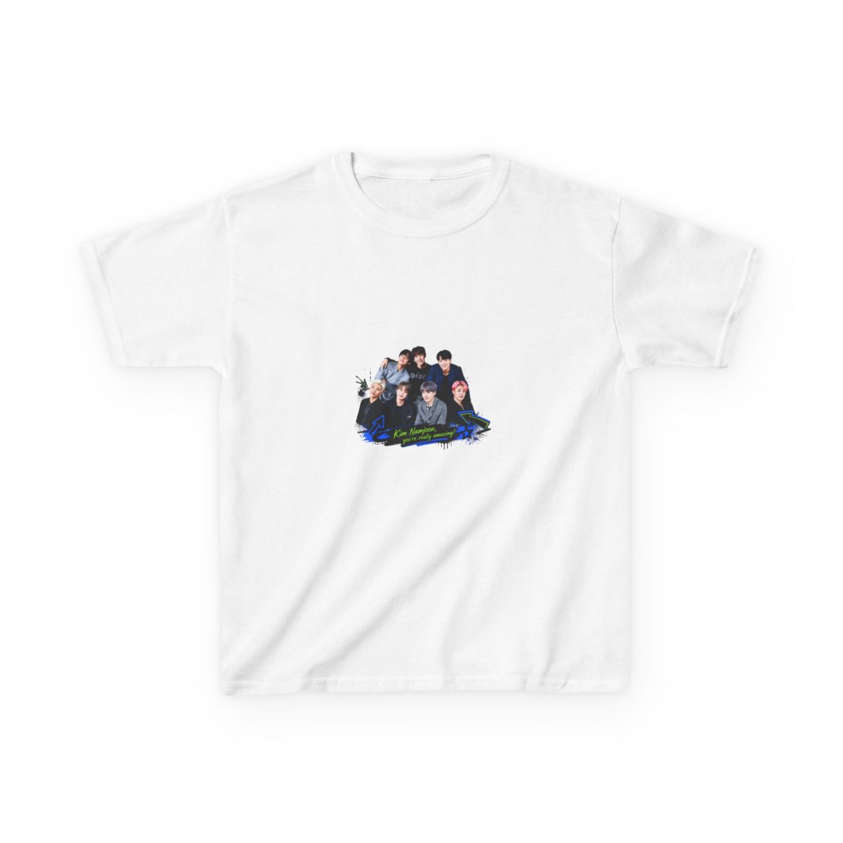 BTS " in bold block letters at the top. " Unisex Kids Tee