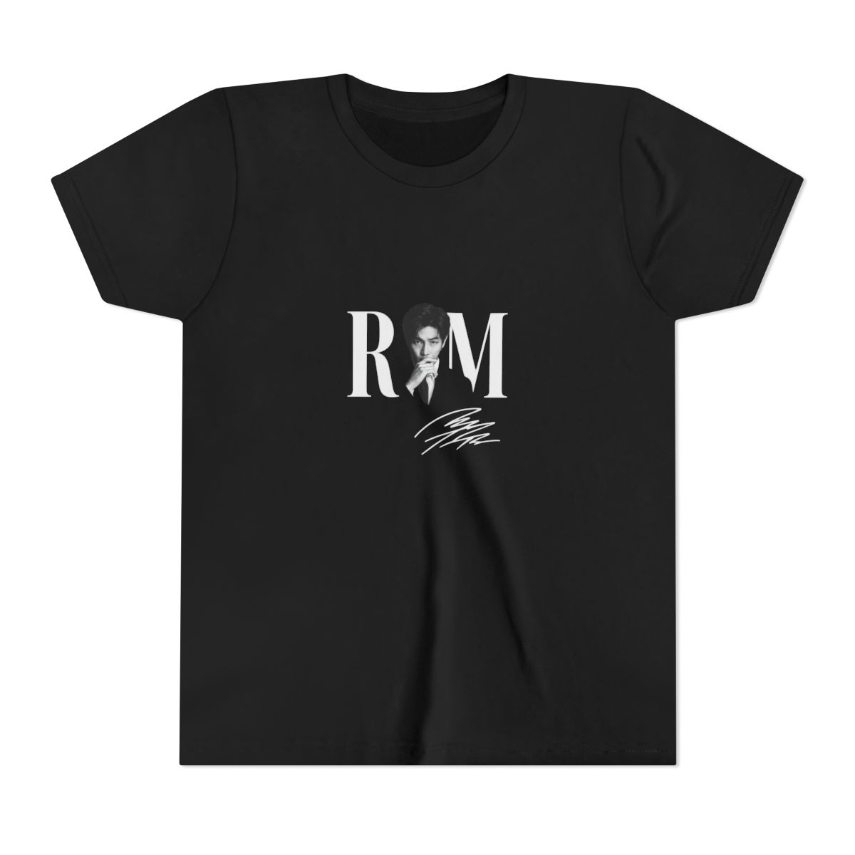 Dark grey t-shirt with a black and white image of a person and the white letters "RM". The shirt also has a white signature. The words "COMFORT COLORS" are in a pink box. (Kids)